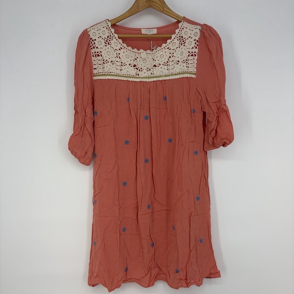 Umgee S Coral Crochet Yoke Embroidered Tunic Boho Peasant Dress Hippie Festival